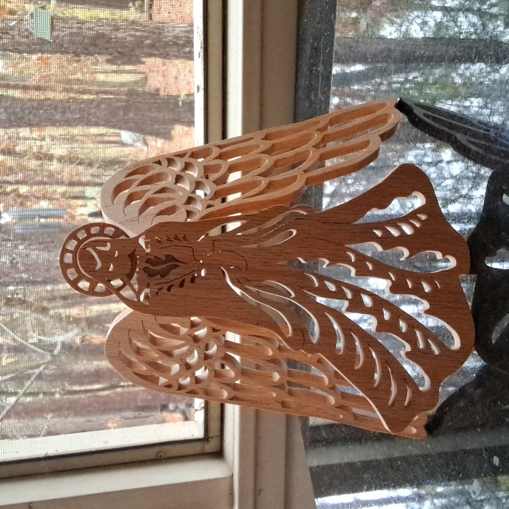 .HAND CRAFTED Wood Art Angel Scroll Saw Tri- Fold Standing Angel